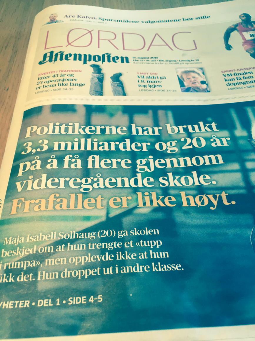 AHvitstein's tweet photo. Kudos til @aftenposten som fokuserer på en av de største utfordringene i skolen. Kampen mot frafall jobb nr 1 i skole http://t.co/X5n3G66eA7