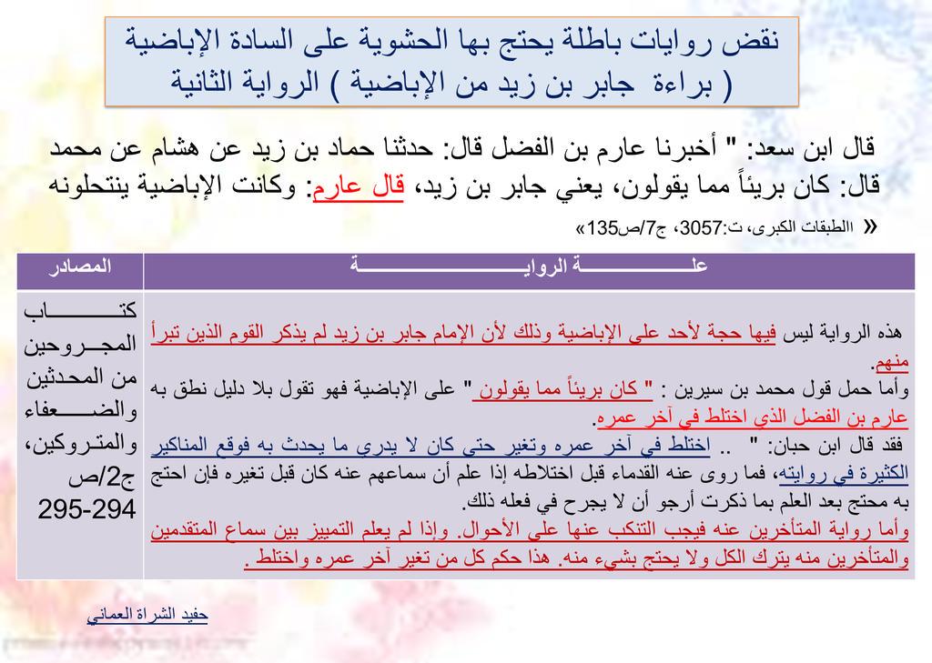 نقض روايات باطلة يحتج بها الحشوية (براءة الإمام جابر من الإباضية) الكذب طباع الحشوية المجسمة ..
#السادة_الإباضية