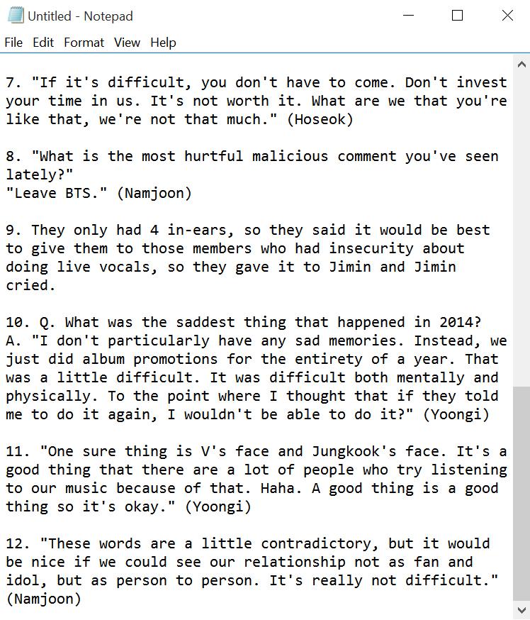 origamifirefly's tweet photo. here's that list of "sad things BTS said" with contexts that are definitely missing from the original post :T http://t.co/hZ1J3vc1gj