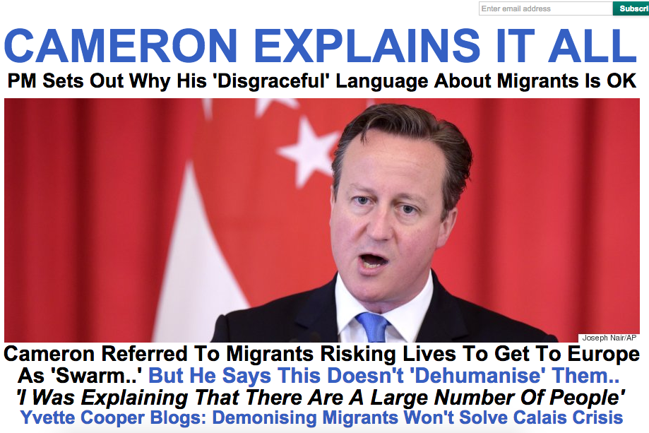 HuffPostUKPol's tweet image. Cameron asked if he regrets calling migrants a 'swarm' huff.to/1J9In8r