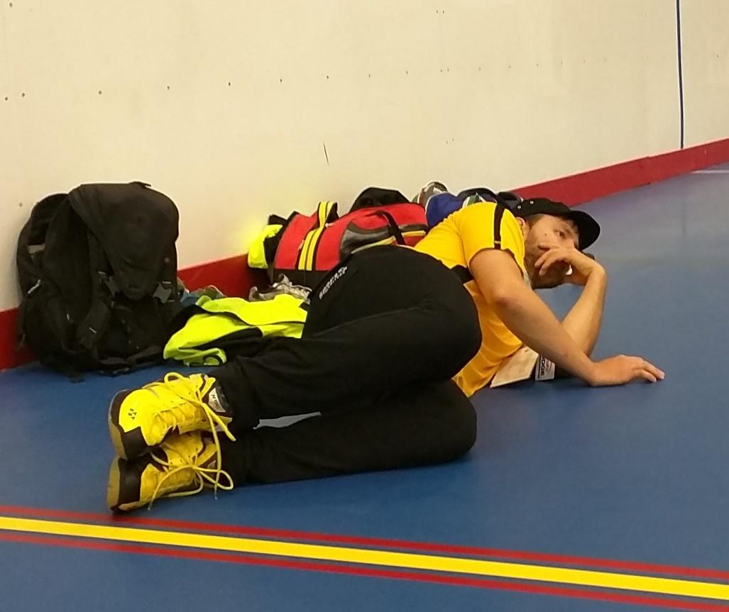 WCSGBadmintonMB's tweet image. Coach J. Fries warming up in his own way before we play Sask! @TeamToba #MBadminton #WCSG2015 #physioexercises