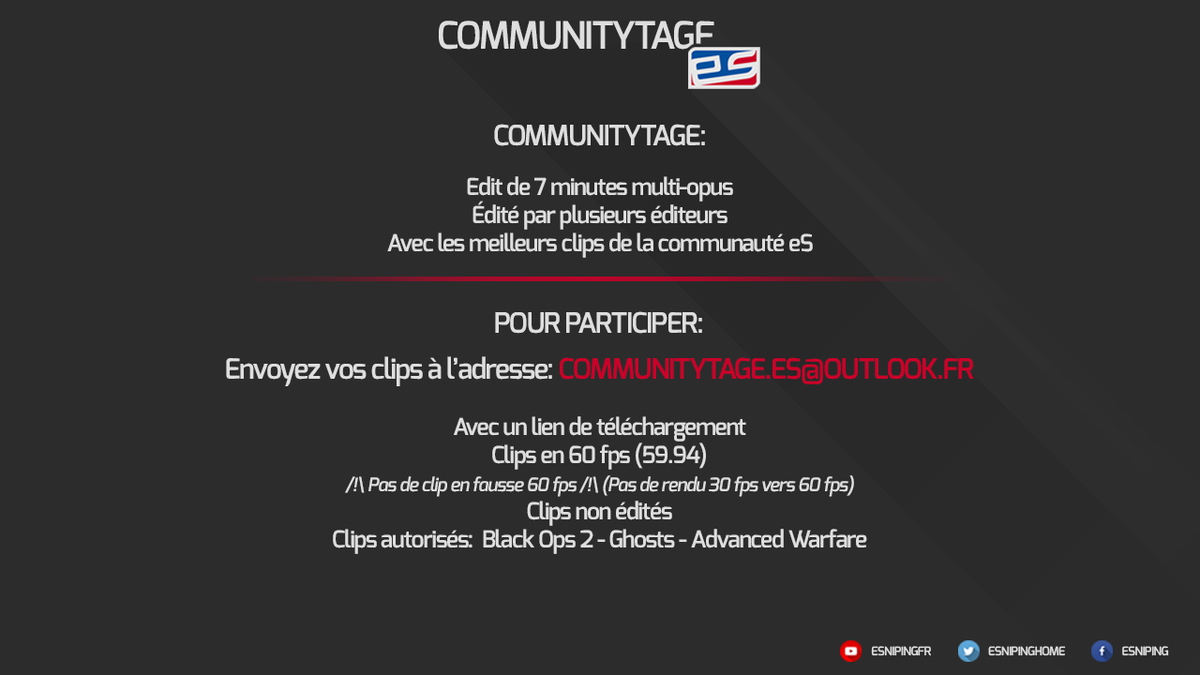 eSnipingHome's tweet photo. Vous pouvez continuer à envoyer vos clips pour le Communitytage e-Sniping.
> http://t.co/CoQzYOHZVg
#eSnipingTogether http://t.co/AckqCTwW4U