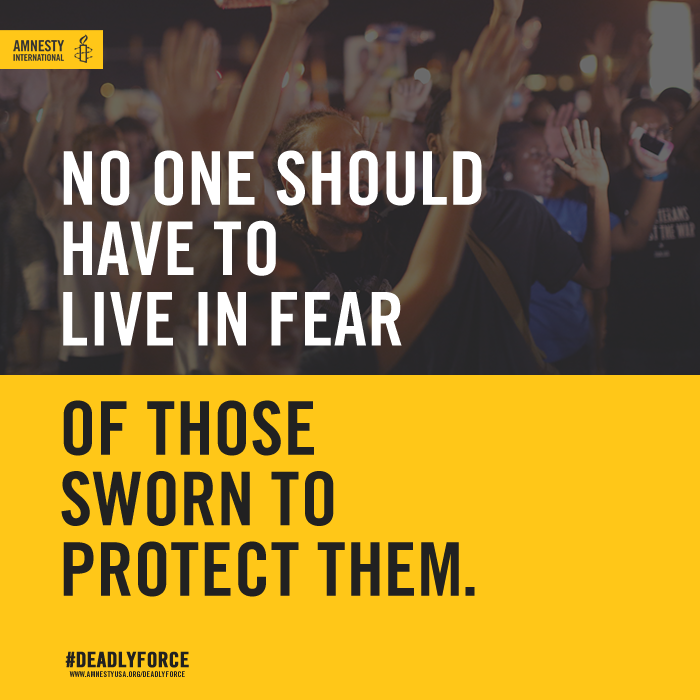 amnestyusa's tweet photo. NO ONE should have to live in fear of those sworn to protect them. #DeadlyForce #Ferguson http://t.co/QTUdbCfp21 http://t.co/PuneFR6MB0