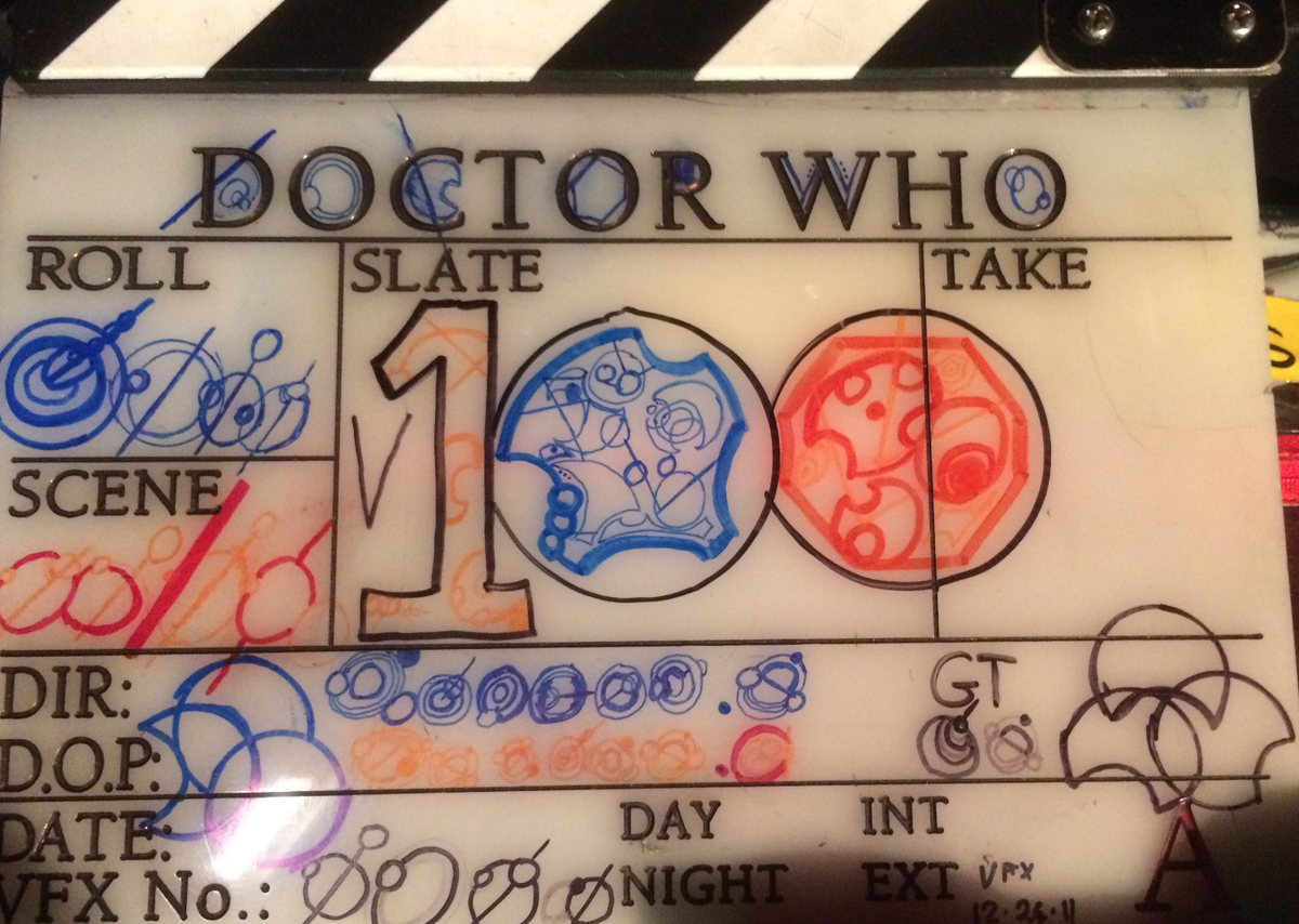 rtalalay's tweet photo. mysterious 100th slate.  @StuartDoP 
#DoctorWho http://t.co/1U6rBmJvf4