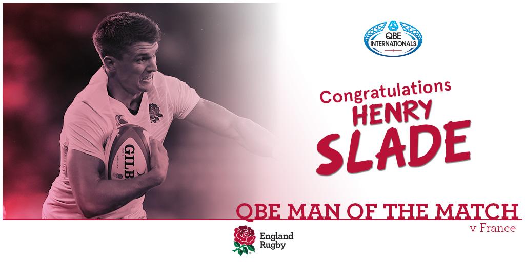 What a night for <a href="/Sladey_10/">Henry Slade</a>, making his England debut and also named <a href="/QBErugby/">QBE Rugby</a> Fans' Man of the Match #ENGvFRA 🌹