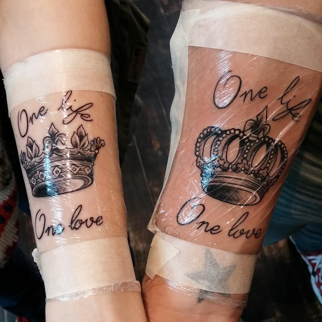One Life One Love Crown Tattoos For Couple