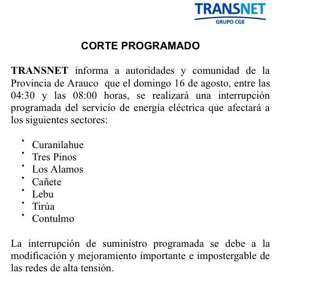 ARAUCOTV's tweet photo. TRANSNET informa sobre corte programado para la madrugada de este domingo en 6 comunas de la provincia de 4:30 a 8:00 http://t.co/B0UR2WG1AW