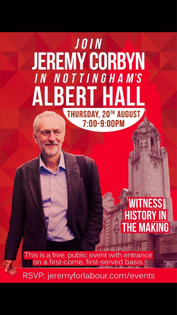 LRCEastMids's tweet photo. Witness history in the making when @jeremycorbyn comes to #Nottingham on Thursday. All welcome #JezWeCan http://t.co/RUSss4q2Kw
