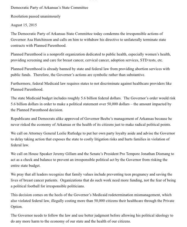 GregYarbrough's tweet photo. AR Democratic Party passes resolution asking @AsaHutchinson to restore Medicaid $ to Planned Parenthood #ARnews #ARpx http://t.co/b4XwI3Y1N3