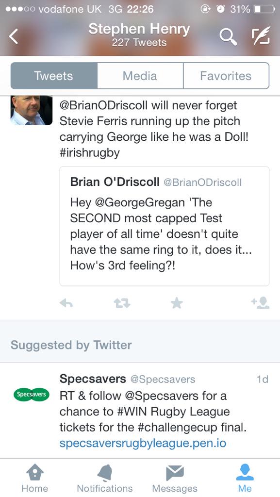 CraigMul's tweet photo. @5tephenry @BrianODriscoll @GeorgeGregan Apparently Twitter has a sense of humour too! Haha http://t.co/6egvycS7OV