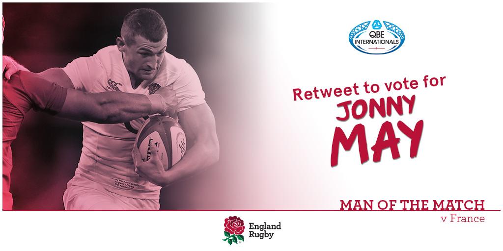 EnglandRugby's tweet photo. Retweet to vote for Jonny May as your @qberugby Fans' Man of the Match against France #carrythemhome 🌹 http://t.co/LeYsoKTPHJ