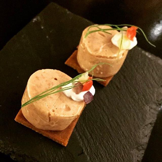 Start your dinner off with something pretty: foie gras with chickpea cheese cracker, tzatziki, tomato, and fennel