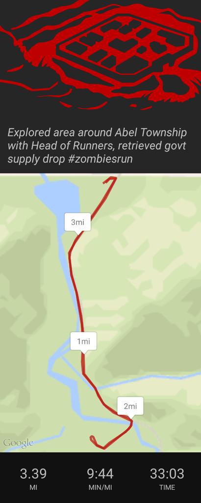 Jeraco_09's tweet photo. Explored area around Abel Township with Head of Runners, retrieved govt supply drop #zombiesrun http://t.co/6nNvmPERNs