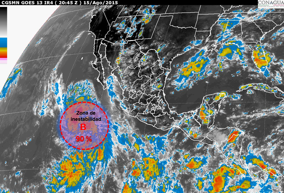 19h #ZonadeInestabilidad en el #Pacífico se localiza a 805 km al sur-suroeste de #CaboSanLucas #BajaCaliforniaSur.