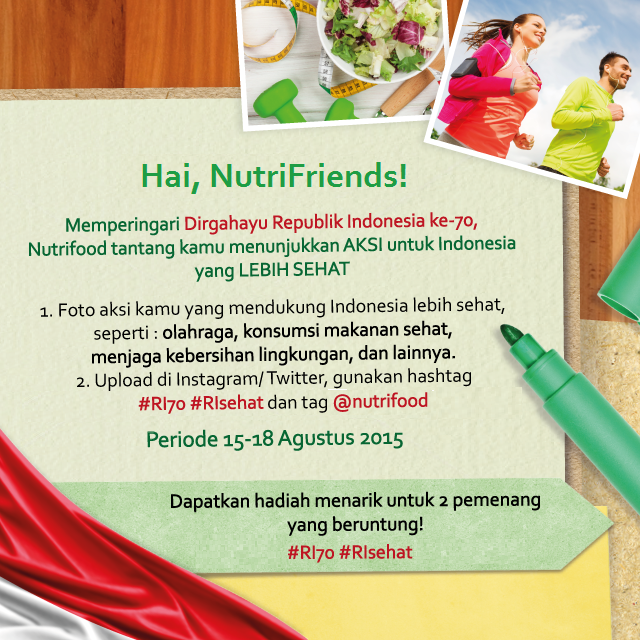nutrifood's tweet photo. Happy weekend, Tweeps! Menyambut hut #RI70 bsk, ikutan Tantangan #RIsehat yuk! Cek detailnya di foto berikut ya :) http://t.co/PDcD14aiWr
