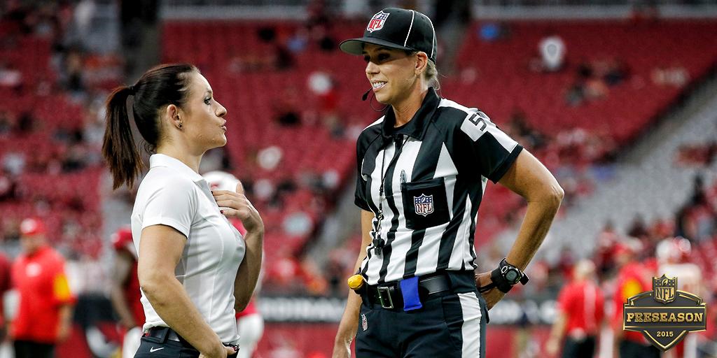 nflnetwork's tweet photo. Awesome moment captured at #KCvsAZ:

1st female full-time NFL official and 1st female NFL coach in one picture. http://t.co/wWgyC9qLOe