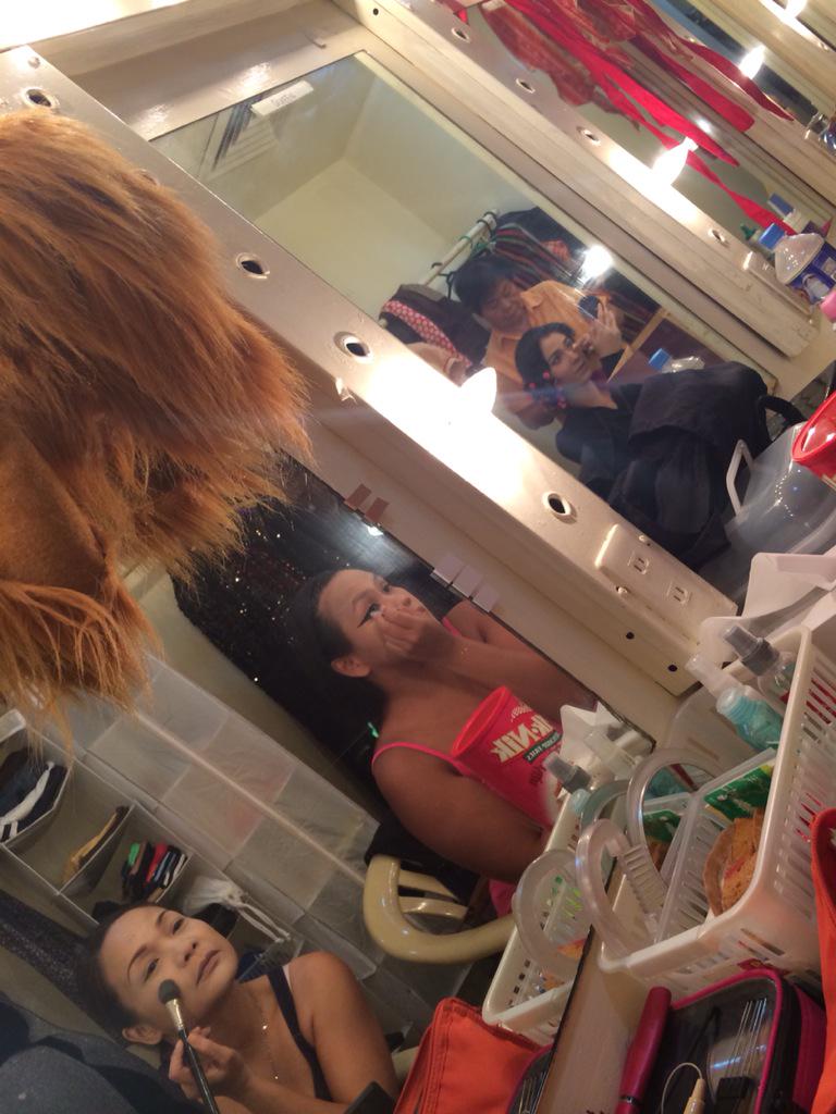 repphils's tweet photo. Naths Everett, Bito Aguilos and Alana Vicente putting on their make-up for the show! #RepPhilsSnowWhite http://t.co/Y2IJB90NPv