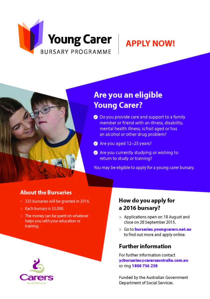 Young Carer Bursary Programme opens 18th August, contact bursaries.youngcarers.net.au to find out more and apply online.