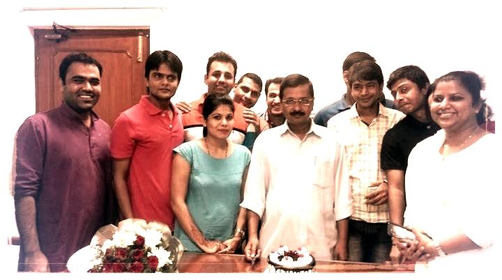 \" Happy birthday Arvind Kejriwal.At his residence celebrating with volunteers. 