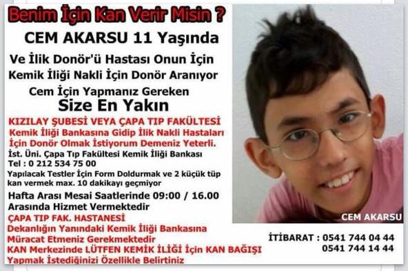 Cem İlik Donörünü Bekliyor!
İlik Donörü Olmak, Cana Can Olmak Güzel Birşey.
Lütfen Sende Donör Ol, Destek Ol, Can Ol!