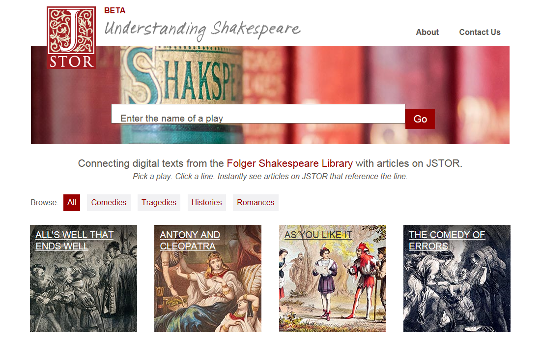 FolgerLibrary's tweet photo. Pick a #Shakespeare play. Click a line. Instantly see @JSTOR articles that reference the line. http://t.co/iEr30ZQY8e http://t.co/TQoKiC1zyY