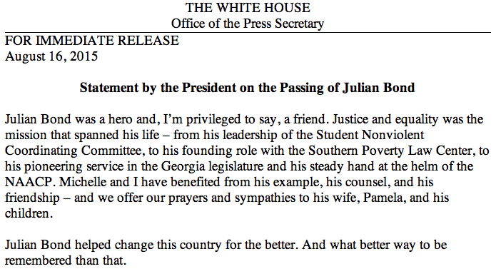 ObamaWhiteHouse's tweet photo. "Julian Bond helped change this country for the better. And what better way to be remembered than that." —@POTUS: http://t.co/Td1ig20iSz