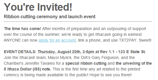 Ithacash's tweet photo. You knew about #Ithacash before it was cool.
THU AUG 20 3-5pm at Rev 1.1
RSVP-FB >> http://t.co/aAROKgQu7T
#twIthaca http://t.co/MnHLHJS3FK