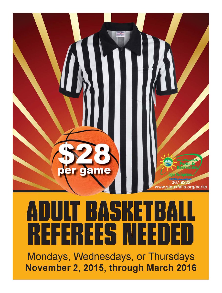 SiouxFallsParks's tweet photo. Now Hiring Basketball Referees for November thru March. $28 per game. http://t.co/uk24ltAOUn