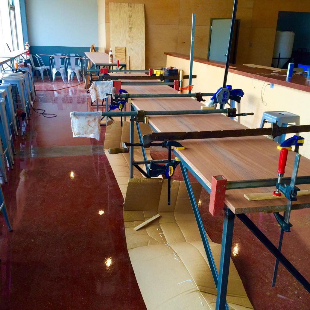 d3atlanta's tweet photo. Glue-up for the sapele tasting tables in-process #alliance http://t.co/f4vCSxdM8G