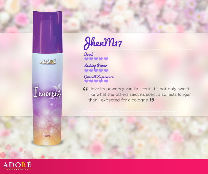 AdoreFragrances's tweet photo. JhenM17 loves Innocent's powdery vanilla scent. Try it and you might like it too! #SprayYourMood http://t.co/fmTcNt6qig