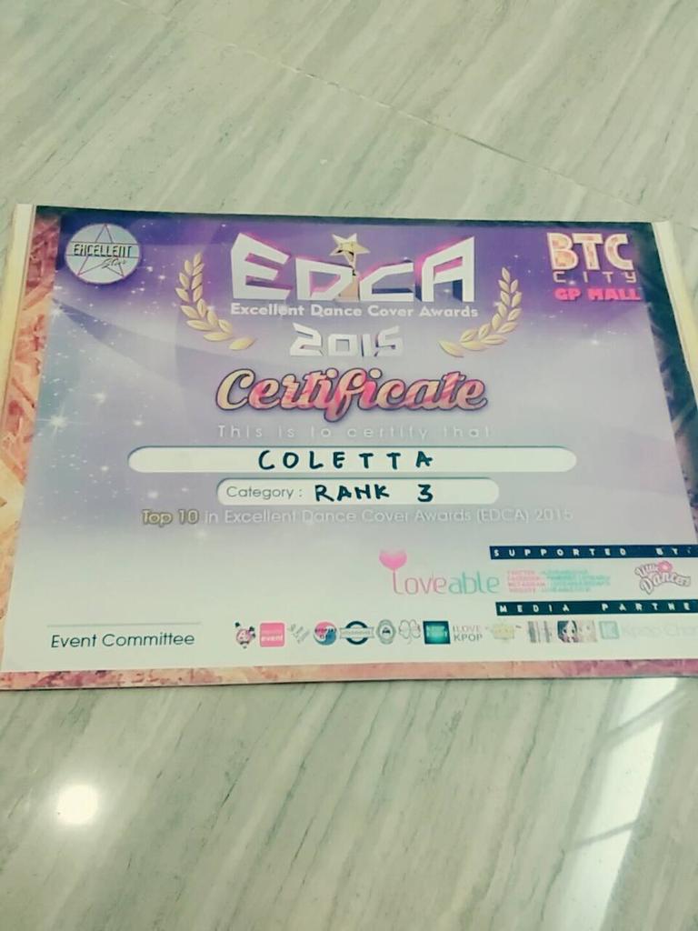 Ihiiiy! Coletta dapat juara 3 di event Excellent Dance Cover Award yg berlangsung di BTC/GP Mall hari ini ♡♡