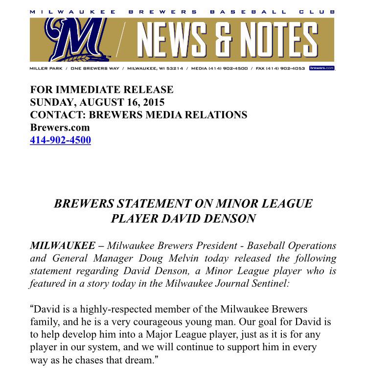 Brewers's tweet photo. Brewers statement on Minor League player David Denson: http://t.co/lot6Zq4s2L