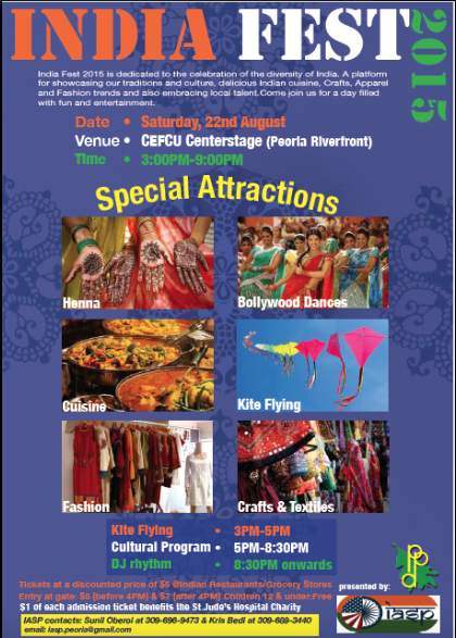 India Fest is this Saturday at the Peoria Riverfront from 3pm-9pm. $1 from each ticket will be donated to <a href="/StJude/">St. Jude</a>.