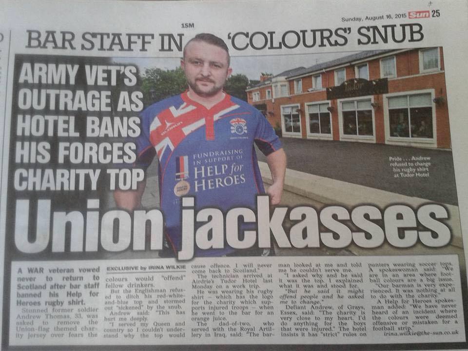 AgentP22's tweet image. Scottish Hotel bans war veteran from wearing Union Flag Help for Heroes top.

What a disgrace.