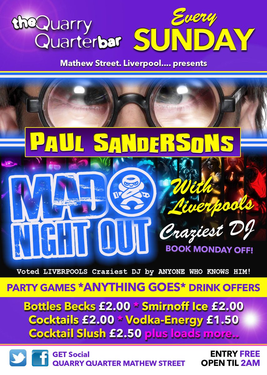 This and every Sunday IT'S A MAD NIGHT OUT <a href="/Quarry_Quarter/">QuarryQuarterLiv</a> 
With the craziest Dj around PAUL SANDERSON in the mix