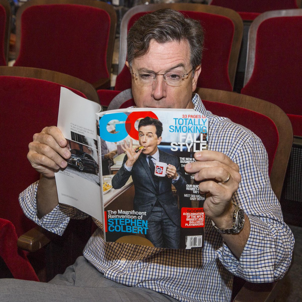 StephenAtHome's tweet photo. Check me out on the cover of @GQMagazine! Unless you have an allergic reaction to houndstooth. http://t.co/DA4Te6vZPm http://t.co/g3Jp4QioNW