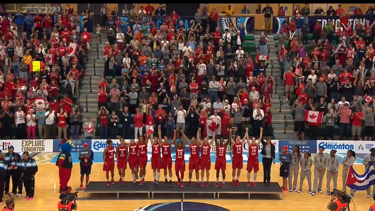 CanBball's tweet photo. Olympic dreams are now a reality. Canada steps onto the #FIBAAmericasWomen2015 podium! #WeAreTeamCanada http://t.co/X4pOECbWOa