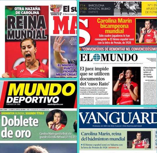 COE_es's tweet photo. #Badminton Nuestra bicampeona del mundo @caro_marin2, también reina en las portadas de hoy. ¡No es para menos! 👏👏 http://t.co/G5lYAxkTmk