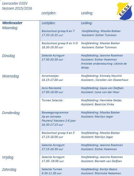 Let op in de week van 31 augustus begint EGSV weer met lessen en trainingen in d'Overtoom