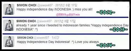 SalahGaulSMTown's tweet photo. Thanks papihhh @siwon407 , yang nggak pernah absen ngucapin Hari Kemerdekaan Indonesia 🎉♥🎊 #dedek http://t.co/exl3iEqpbB