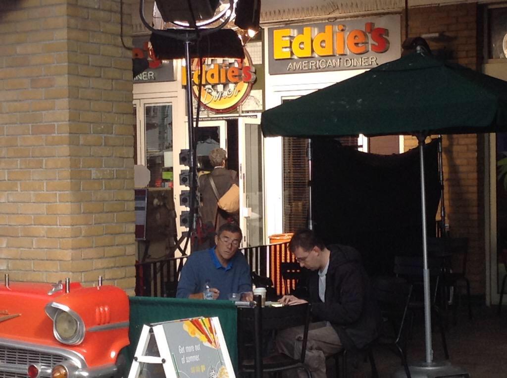 DWFilming's tweet image. Filming at Eddie's Diner with the Doctor, a guitar, and Clara as a waitress. Thanks, @AdamOrford1! #dwsr