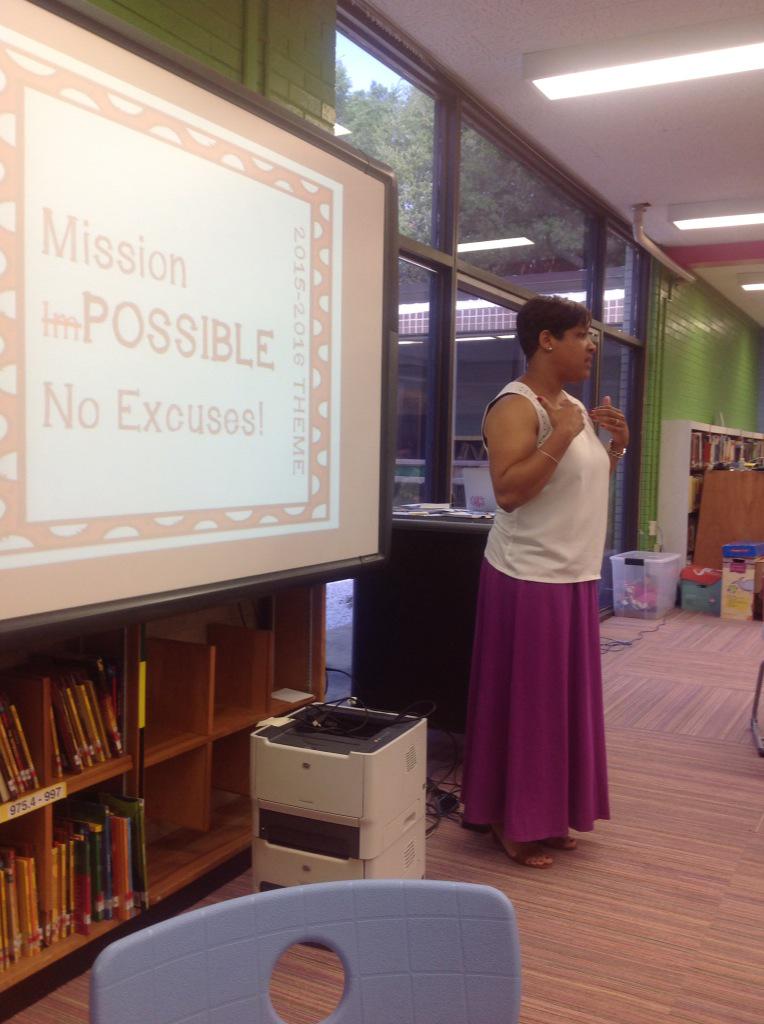 SpringRoseman's tweet photo. "Change Agent" Mrs. Walden presenting our new new theme! So excited about Overton's future! #MissionPossible http://t.co/VDN5v9CSHH
