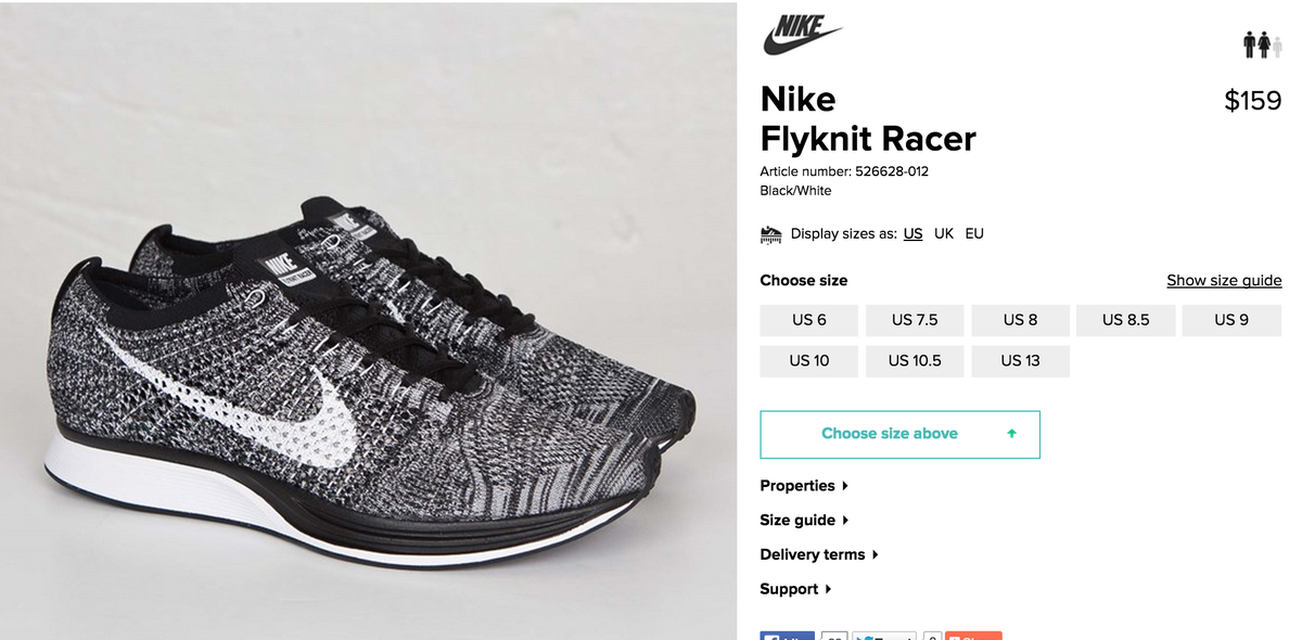 nike flyknit racer size chart