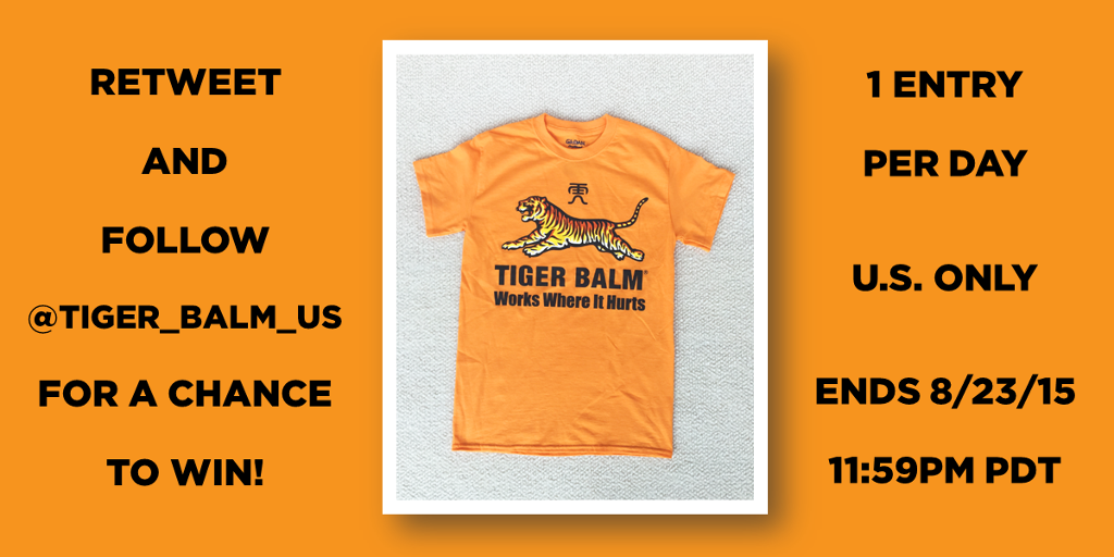 Follow <a href="/Tiger_Balm_US/">Tiger Balm U.S.</a> &amp; RT this for a chance to #win a #TigerBalmTee! 5 winners. Ends 8/23 11:59PM PDT