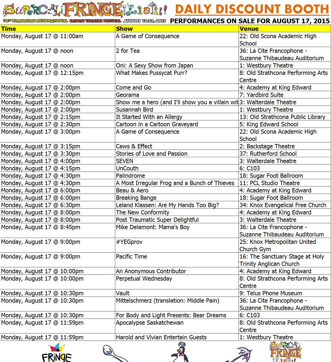 edmontonfringe's tweet image. Get a good deal! Check the performances on SALE for August 17 #yegfringe!