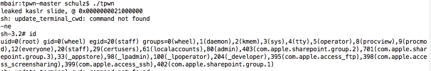 linuxsystemhaus's tweet image. Holy shit it works: root in 0.2 seconds on a current OS X Yosemite:: github.com/kpwn/tpwn