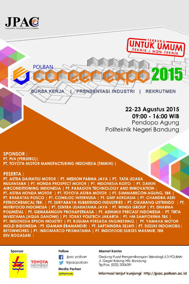 JobStreetcom's tweet image. Hadiri POLITEKNIK NEGERI BANDUNG Job Fair, 22-23 Agustus 2015. I Pendopo Agung Polban @LowonganBandung @PemkotBandung