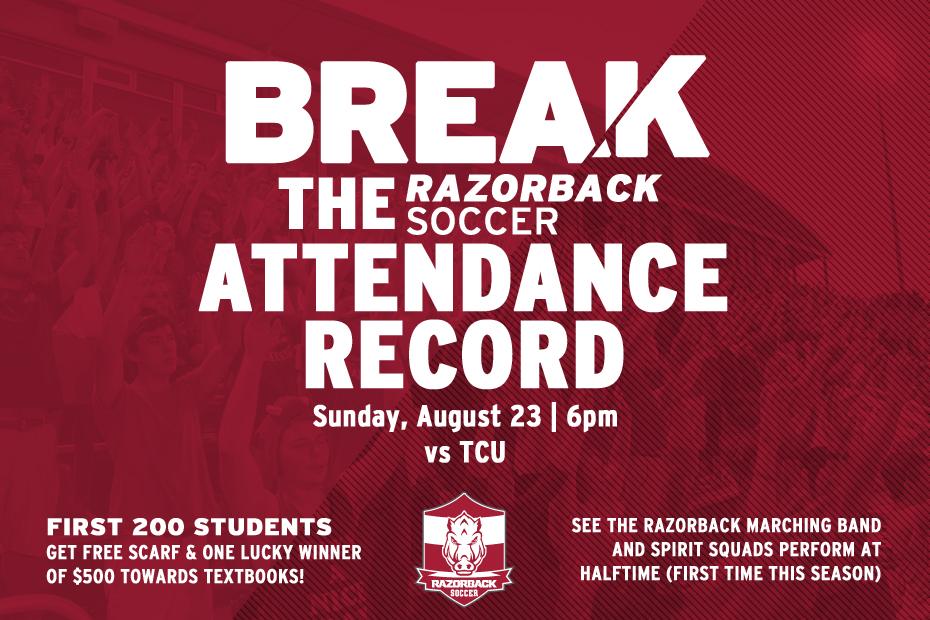 RazorbackSoccer's tweet photo. We've got a loaded weekend planned, including our BREAK THE ATTENDANCE RECORD challenge! http://t.co/QpiwZW8g2B http://t.co/t3Uum7d8Fl