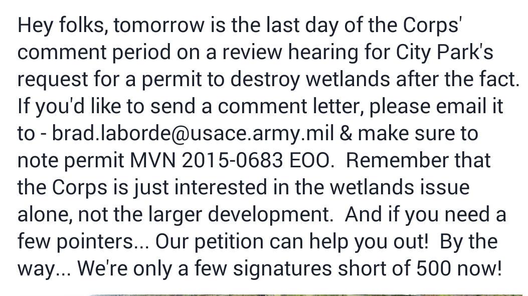 small_affair's tweet photo. Deadline to write Army Corps & sign petition is tomorrow! #WildIsFree #SaveCityPark #wetlands
https://t.co/4HeakbB4r1 http://t.co/819O4V0i9X