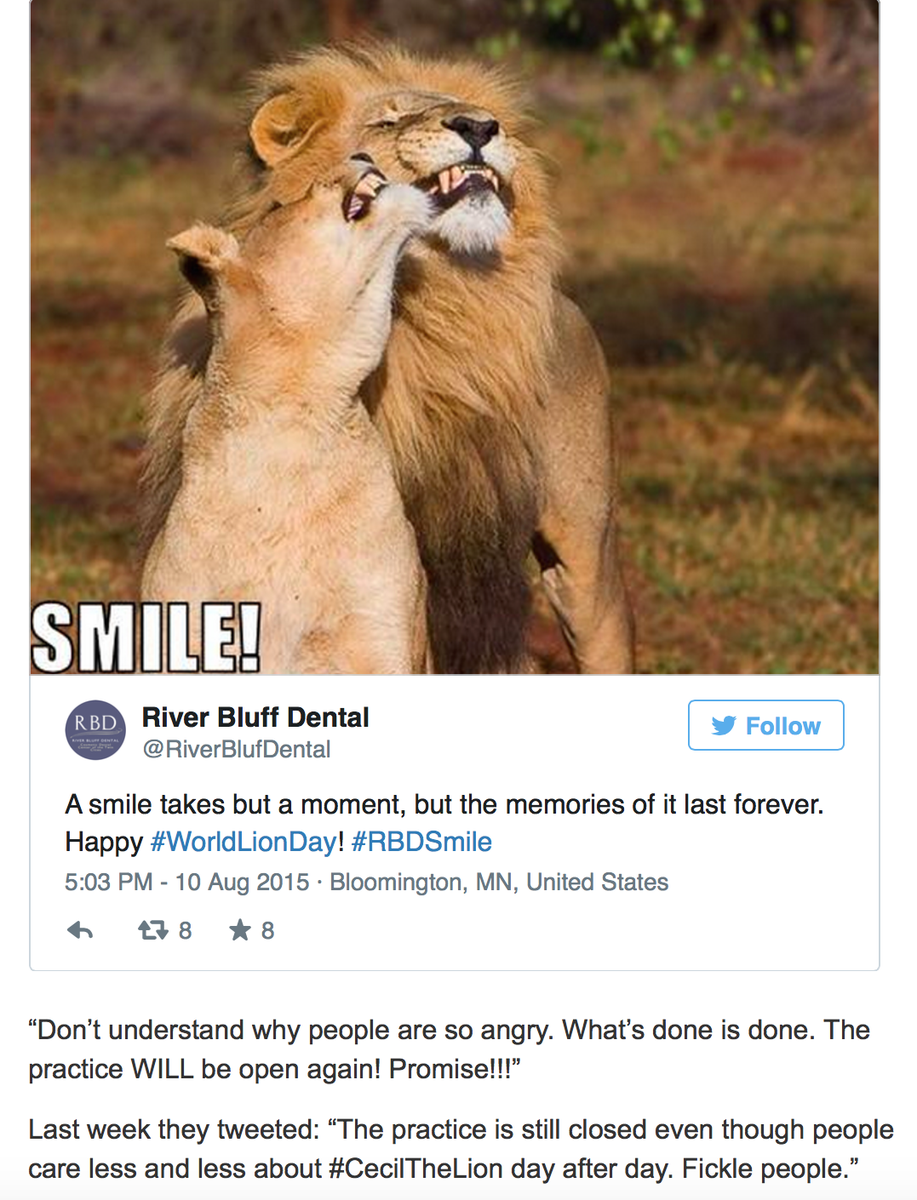 JanetteGhedotte's tweet photo. #TheoBronkhorst #DrWalterPalmer #RiverBluffDental: no remorse, conscience, or understanding re killing #CecilTheLion http://t.co/NeQYwtQUQW